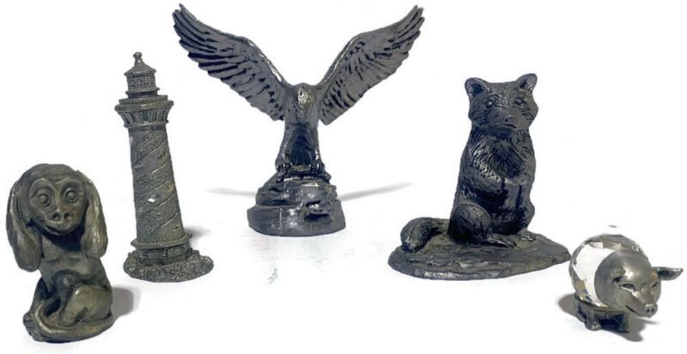 Pewter Figurines Set of Five American Eagle Raccoon Lighthouse Monkey Pig